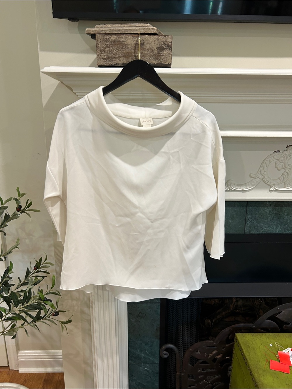 Chico's Cream Funnel Neck Boxy Short Sleeve Top